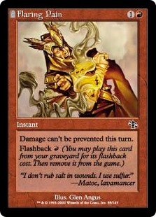 Flaring Pain
 Damage can't be prevented this turn.
Flashback {R} (You may cast this card from your graveyard for its flashback cost. Then exile it.)